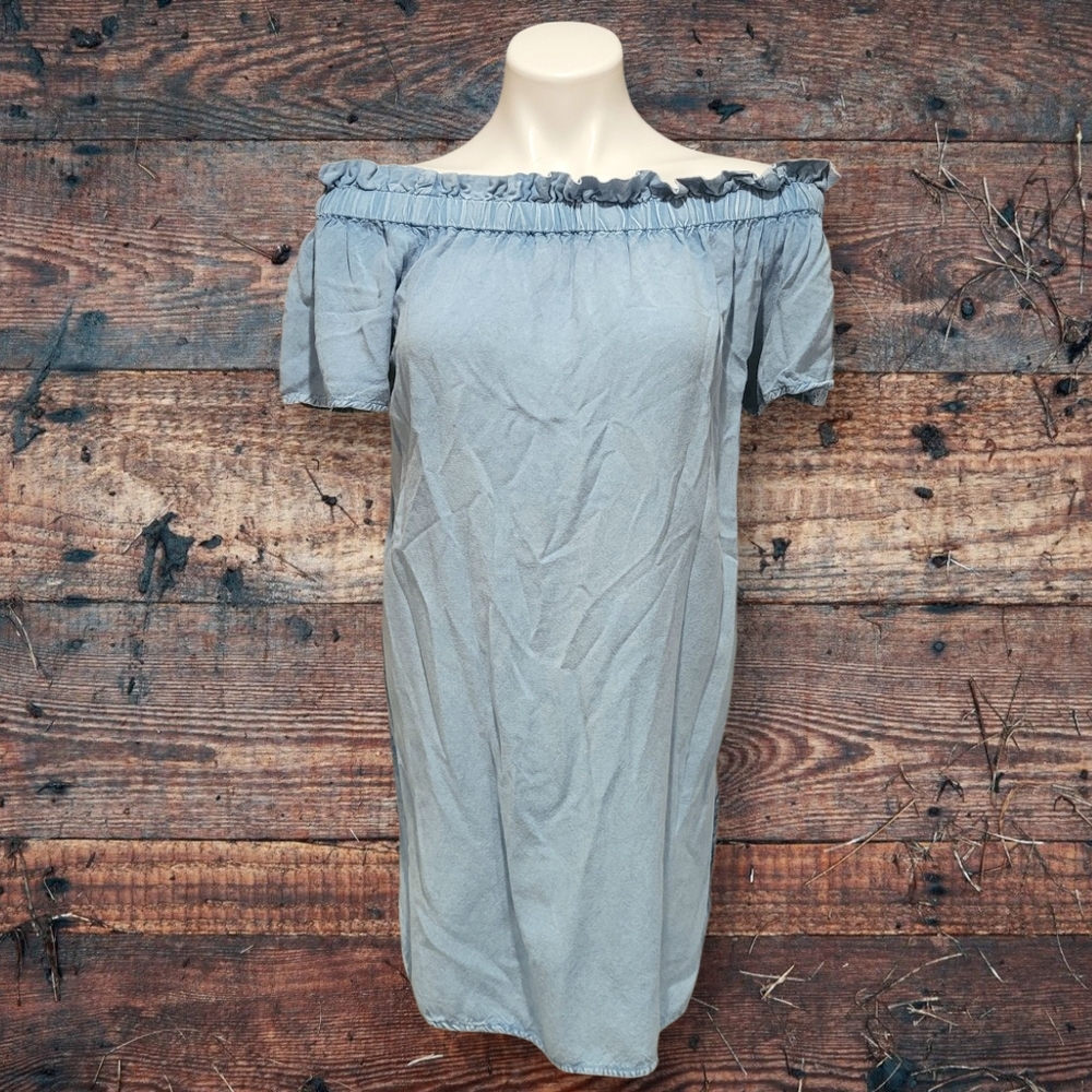 Style Envy M Chambray Off-Shoulder Short Sleeve Mini Dress